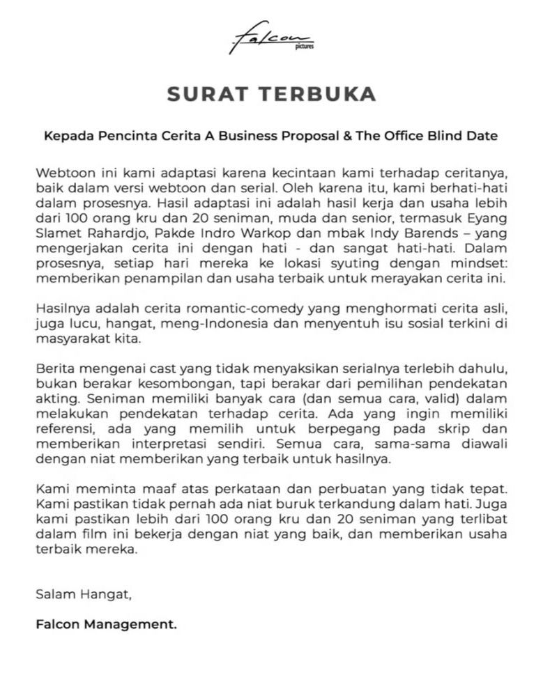 Surat Terbuka Falcon Pictures soal kisruh film A Business Proposal <b>(Instagram)</b>