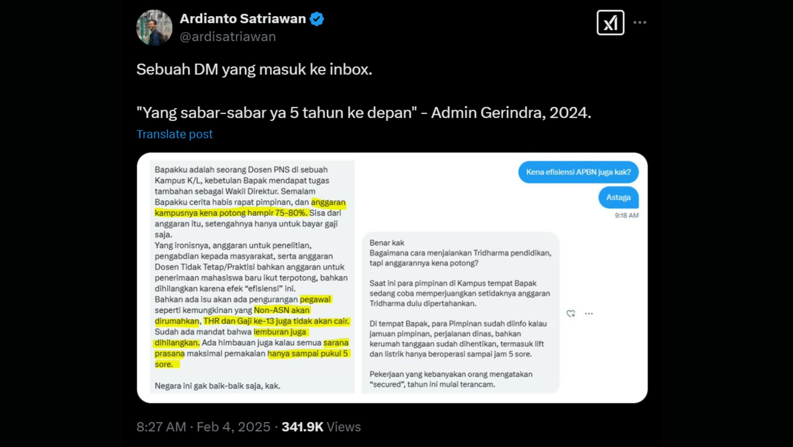 Viral Anggaran Sektor Pendidikan Dipangkas hingga Berdampak ke Dosen <b>(Twitter)</b>