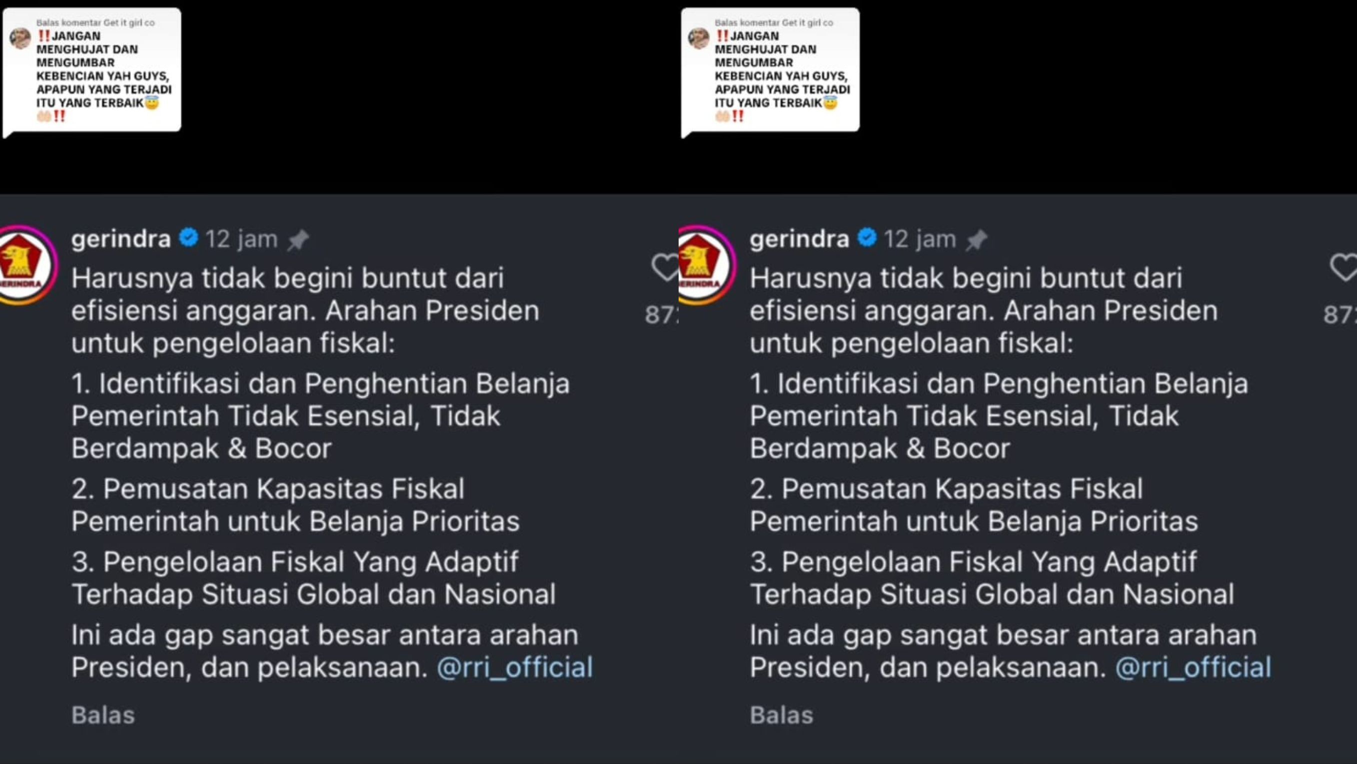 Admin Gerindra Soal PHK RRI <b>(Instagram)</b>