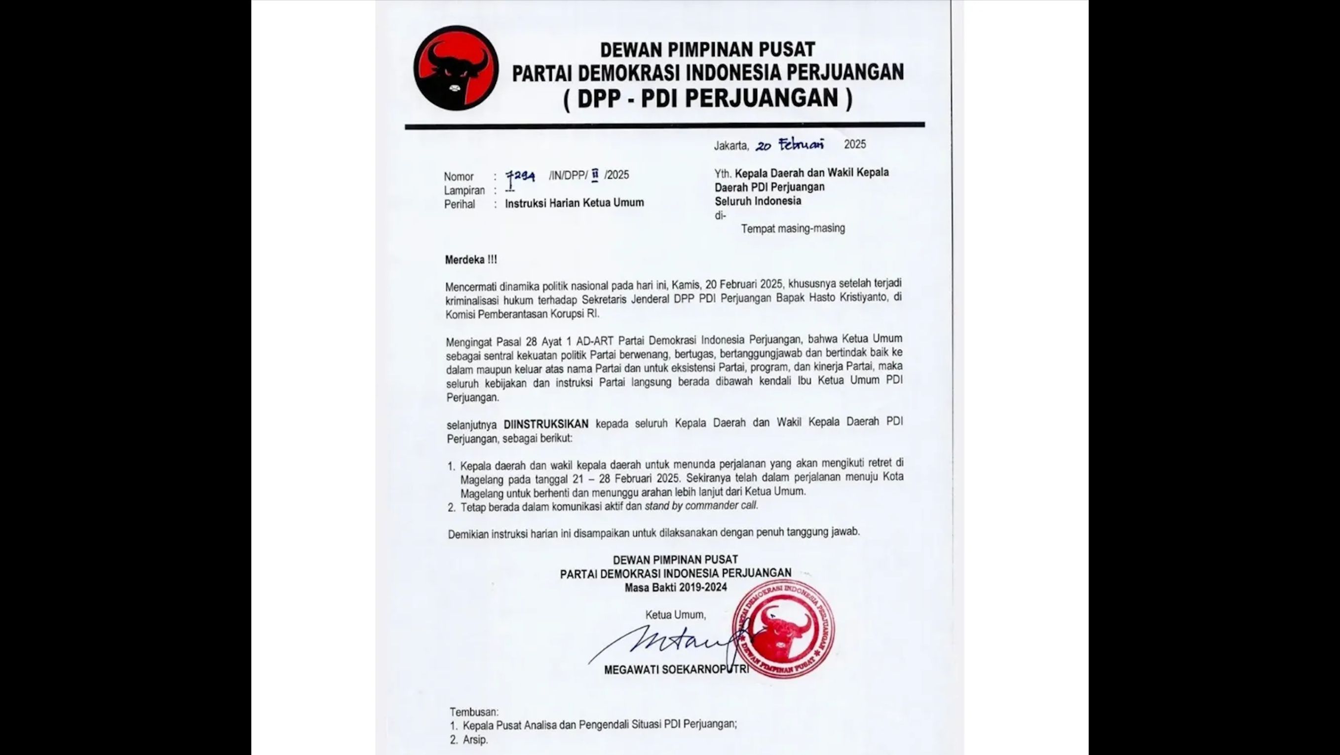 Surat Instruksi Ketua Umum PDIP Megawati Soekarnoputri. <b>(PDIP)</b>