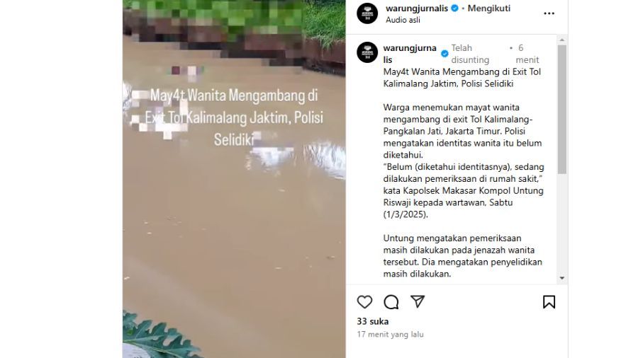 Mayat Wanita Mengambang di Exit Tol Kalimalang Jaktim <b>(tangkapan layar)</b>