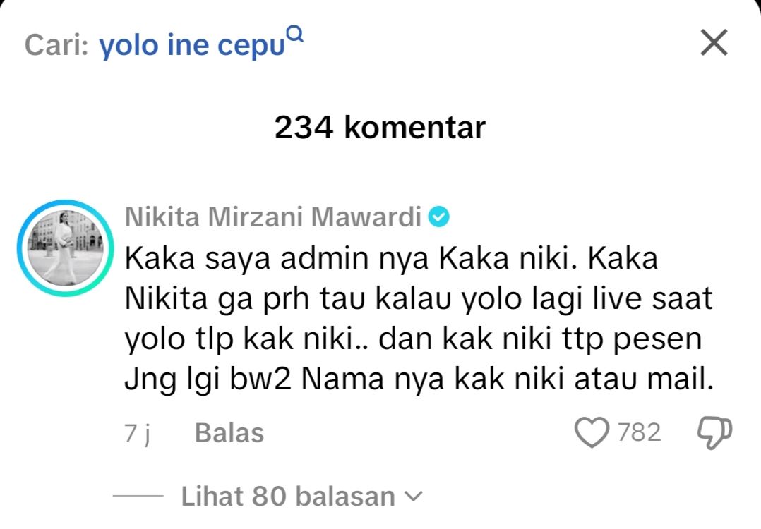 Komentar admin Nikita Mirzani ke pernyataan Yolo Ine  <b>(TikTok )</b>