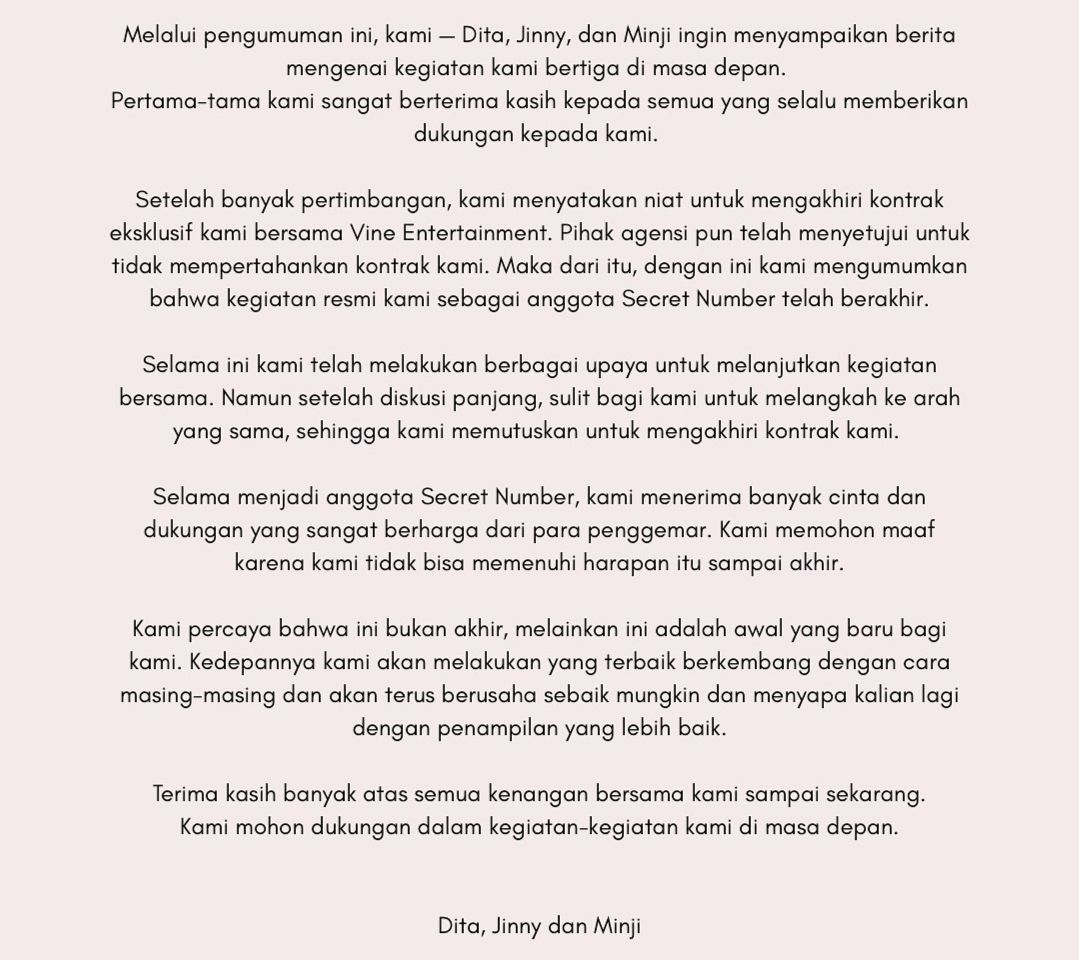 Surat pernyataan kontrak Secret Number  <b>(Instagram)</b>