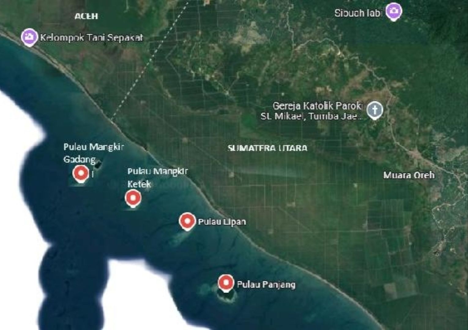 Posisi empat pulau yang disengketakan Aceh dan Sumut.  <b>((Google Maps))</b>