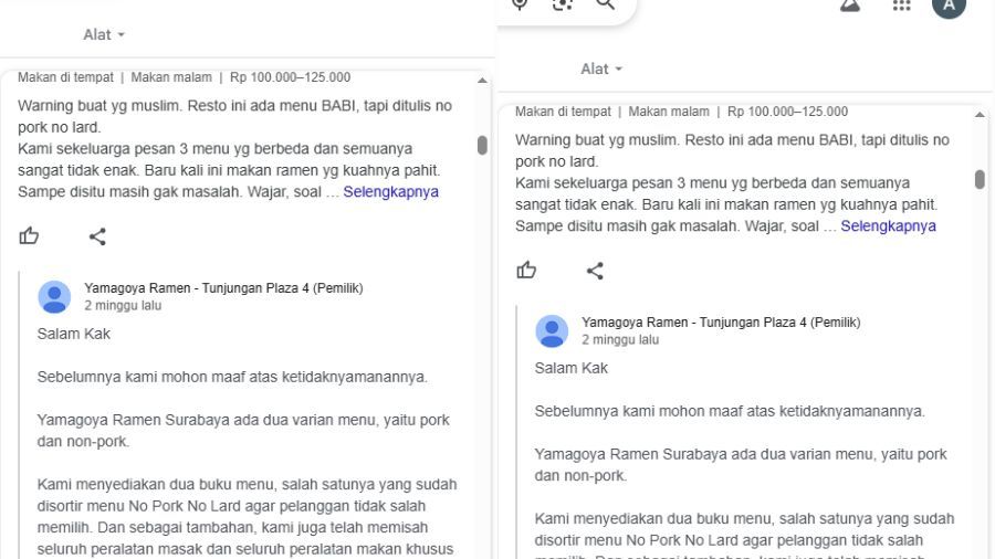 Restoran Ramen di Surabaya Dapat Review Buruk Gegara Jual Menu Babi, Padahal Ada No Pork, No Lard <b>(Tangkapan Layar)</b>