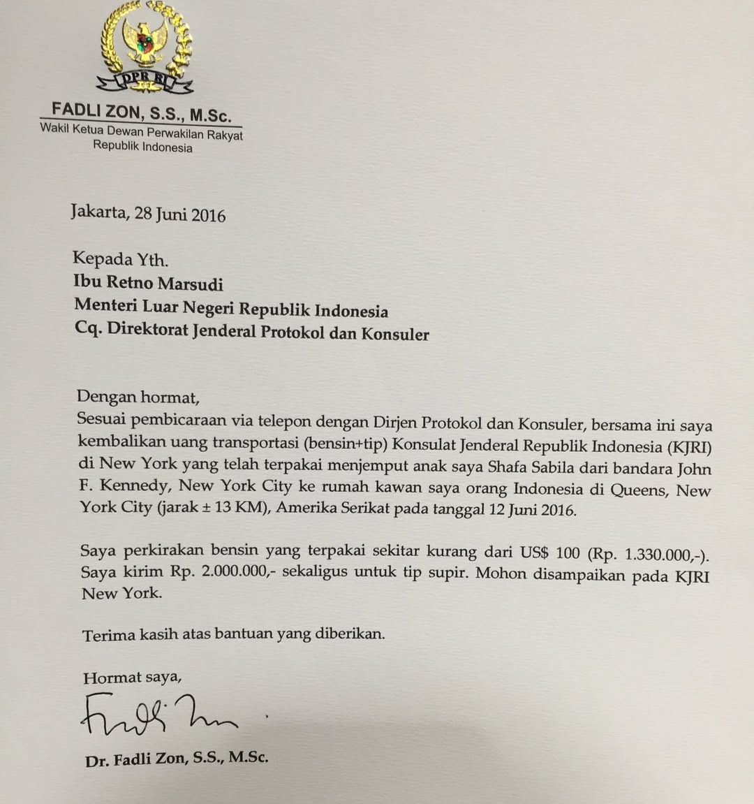 Surat lawas Fadli Zon surati Menteri Luar Negeri untuk balikan uang transport <b>(Instagram)</b>