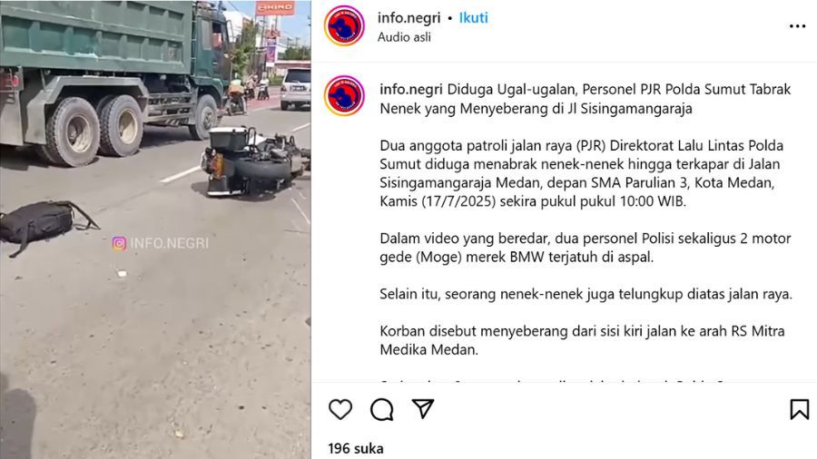 Anggota PJR Polda Sumut Tabrak Nenek di Jalan Sisingamangaraja Medan  <b>(Tangkapan layar)</b>