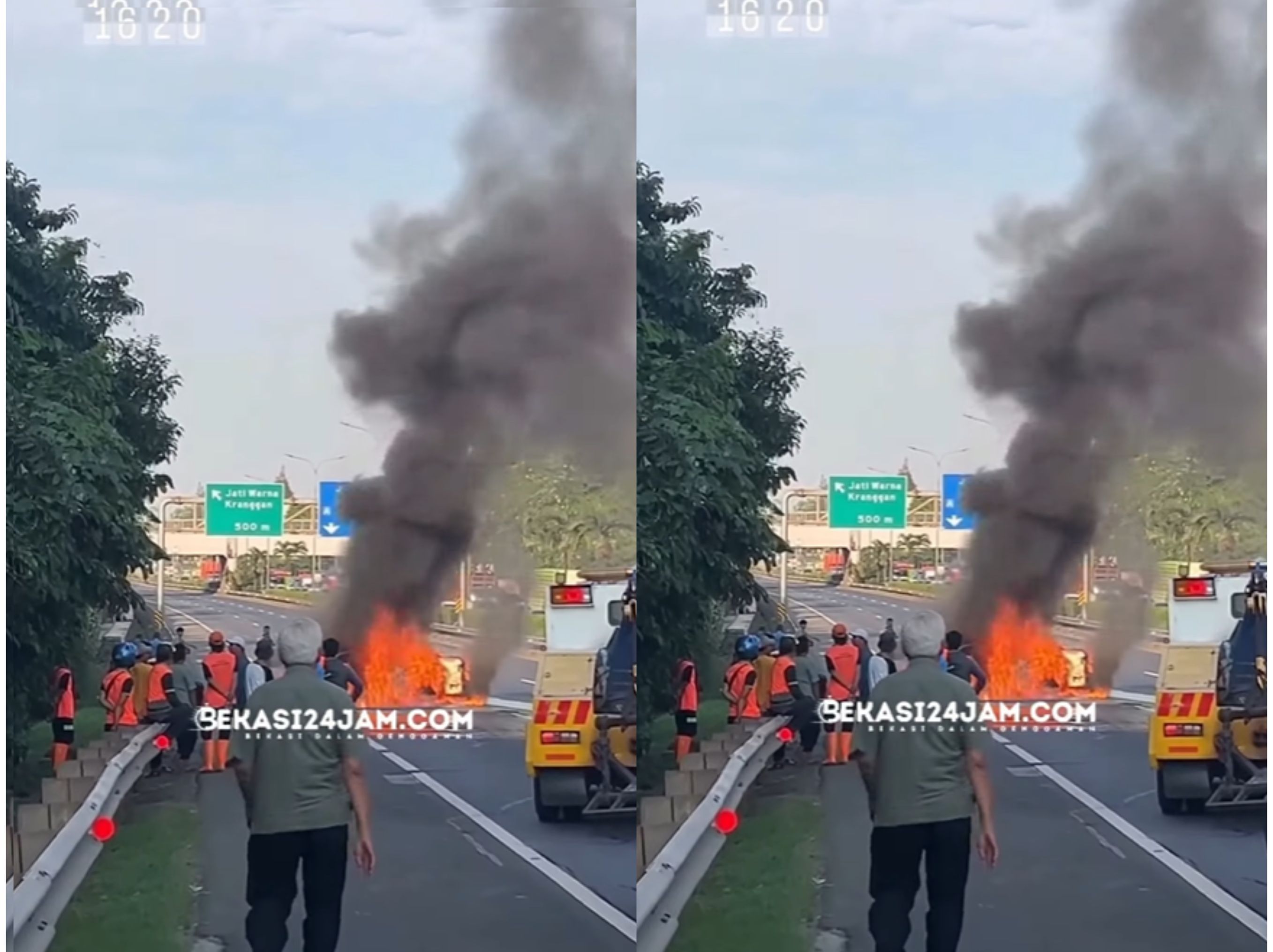 Mobil terbakar di ruas Tol JORR, jelang pintu keluar Jatiwarna, Kota Bekasi, Kamis (31/7/2025). <b>(bekasi24jam.com)</b>