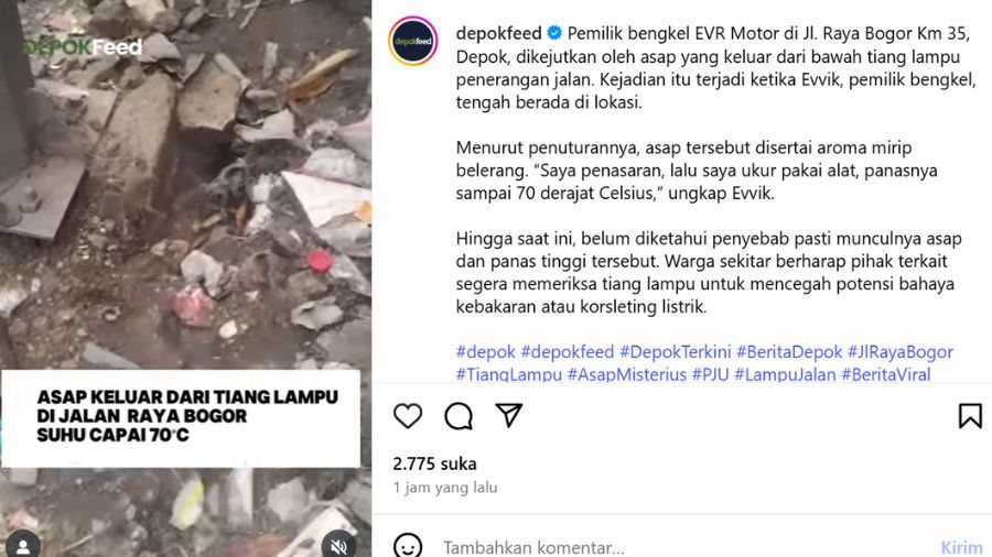 Asap Tiba-tiba Keluar dari Tiang Lampu di Bogor <b>(tangkapan layar)</b>