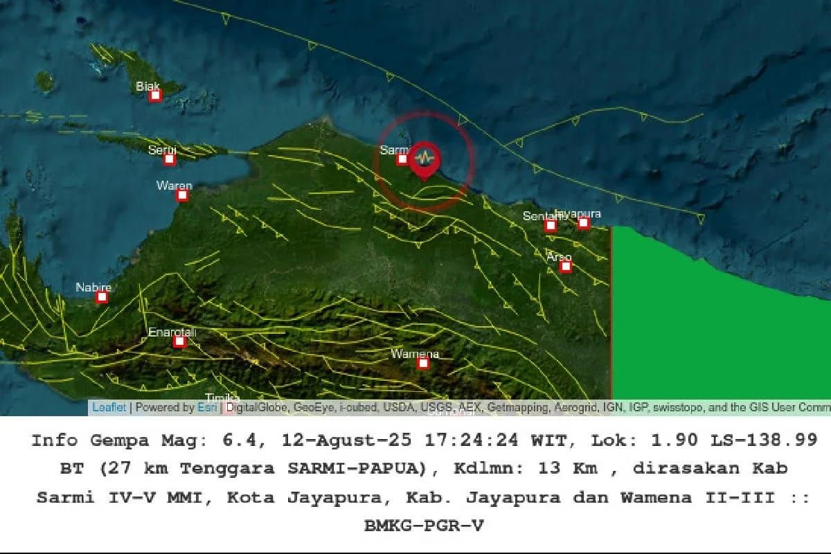 Peta lokasi gempa magnitudo 6, 4 berpusat di Sarmi, Papua, Selasa 12 Agustus 2025. ANTARA/HO-BMKG Wilayah V Jayapura <b>(Antara)</b>