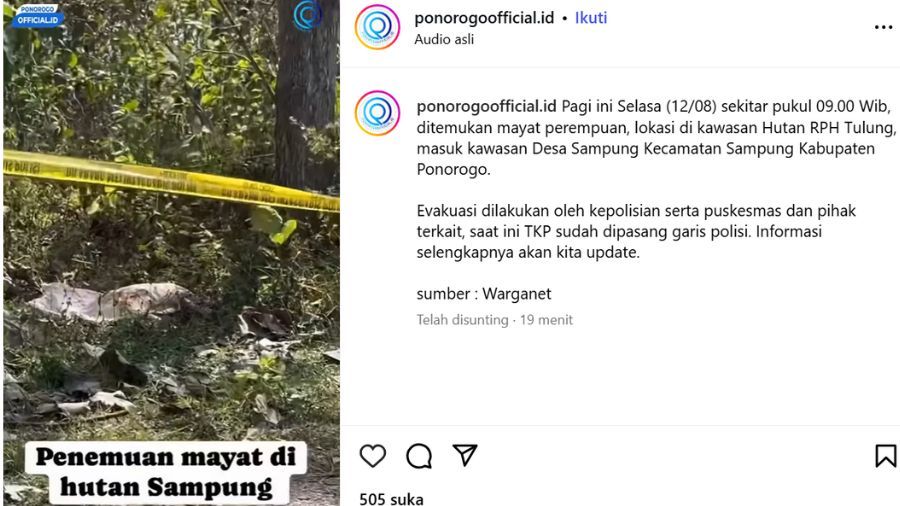Penemuan Mayat Perempuan di Hutan Sampung Ponorogo <b>(tangkapan layar)</b>