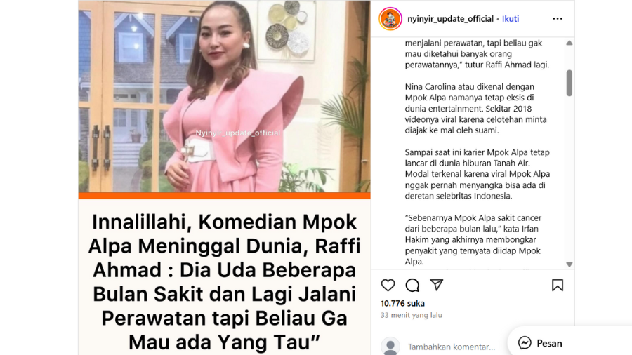 Mpok Alpa meninggal <b>(tangkapan layar)</b>