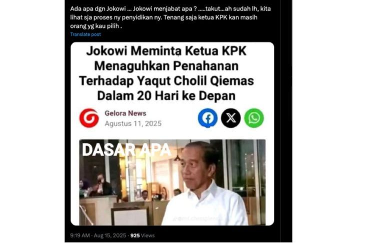 Unggahan yang menarasikan Jokowi minta ketua KPK tangguhkan penahanan Yaqut Cholil. Faktanya, artikel tersebut merupakan suntingan.  <b>(X)</b>
