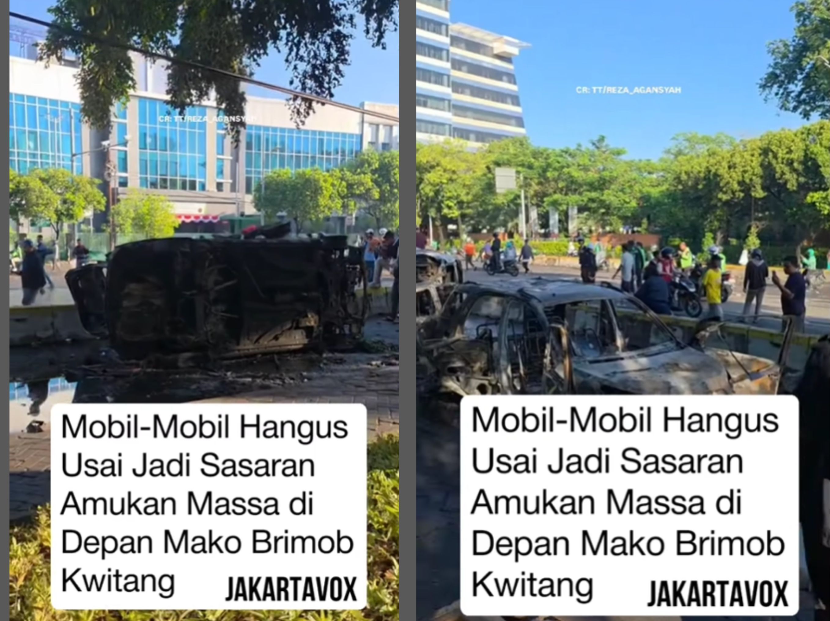 Sejumlah kendaraan jadi sasaran massa dalam kejadian tadi malam di depan Mako Brimob Kwitang. <b>(jakartavox)</b>
