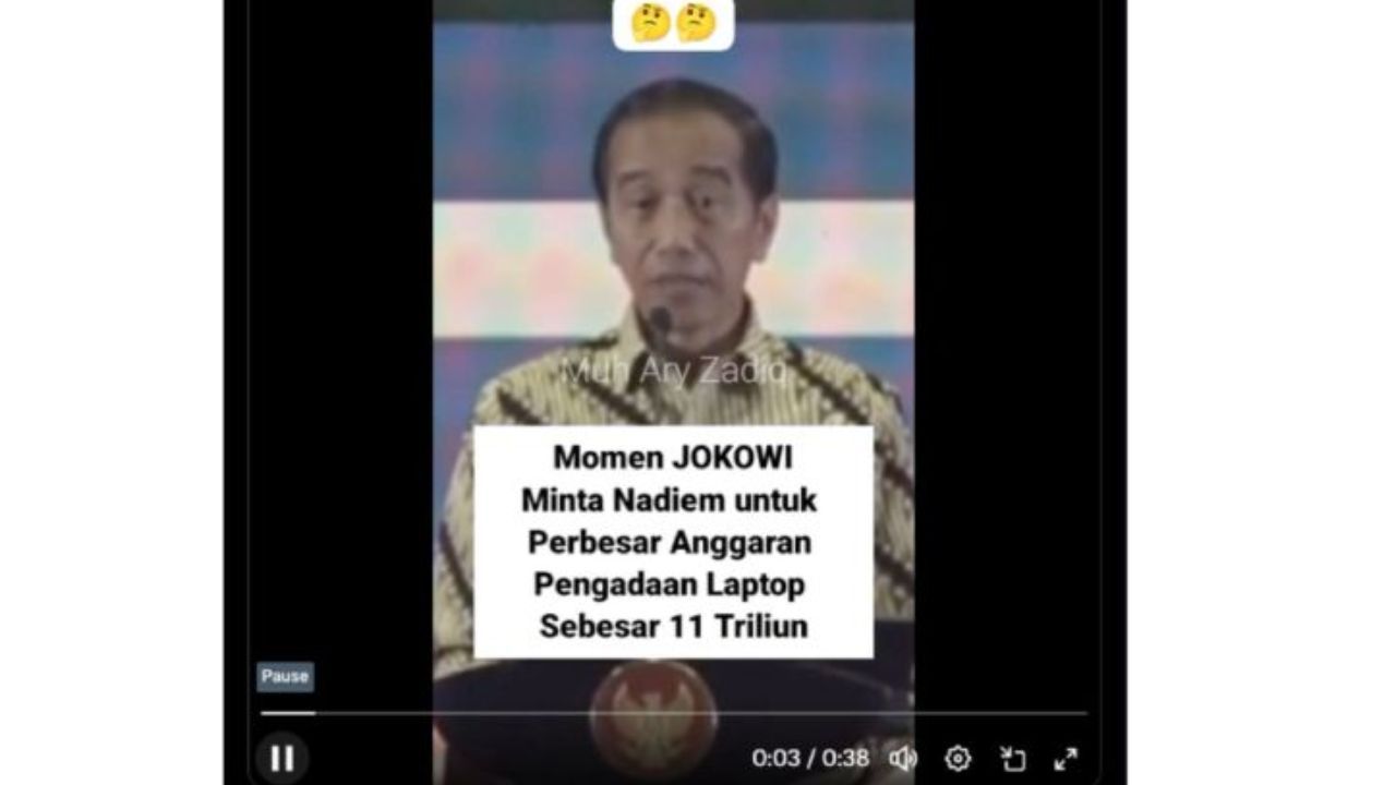 Unggahan video yang menarasikan Jokowi minta Nadiem perbesar anggaran pengadaan laptop jadi Rp11 triliun. Faktanya, Jokowi sebenarnya meminta Nadiem untuk memperbesar anggaran riset di perguruan tinggi, bukan anggaran pengadaan laptop. (X) <b>(ANTARA)</b>