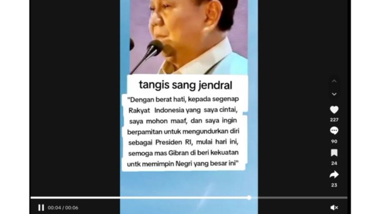 Unggahan video yang menarasikan Prabowo mengundurkan diri jadi Presiden. Faktanya, video tersebut merupakan video pada Desember 2023. Kala itu, Prabowo menangis haru saat memberikan bantuan modal Rp 15 miliar kepada Koperasi MDS Coop. (TikTok) <b>(ANTARA)</b>