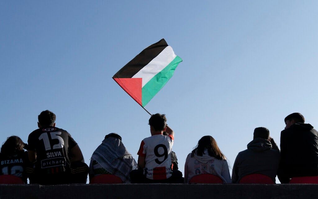 Seorang penggemar Club Palestino mengibarkan bendera Palestina selama pertandingan sepak bola liga lokal melawan Santiago Wanderers di stadion La Cisterna di Santiago, Chili, Jumat, 12 Juli 2024.
