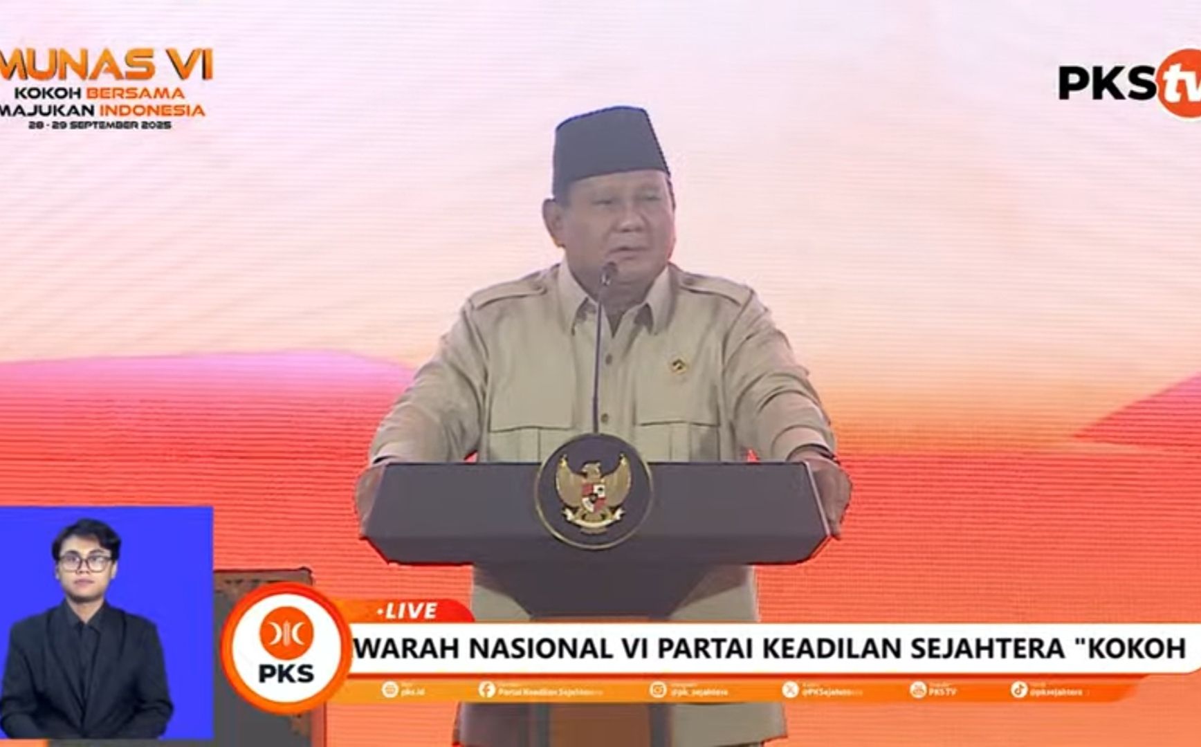 Presiden Prabowo Subianto saat berpidato di penutupan Munas VI PKS.  <b>(YouTube)</b>