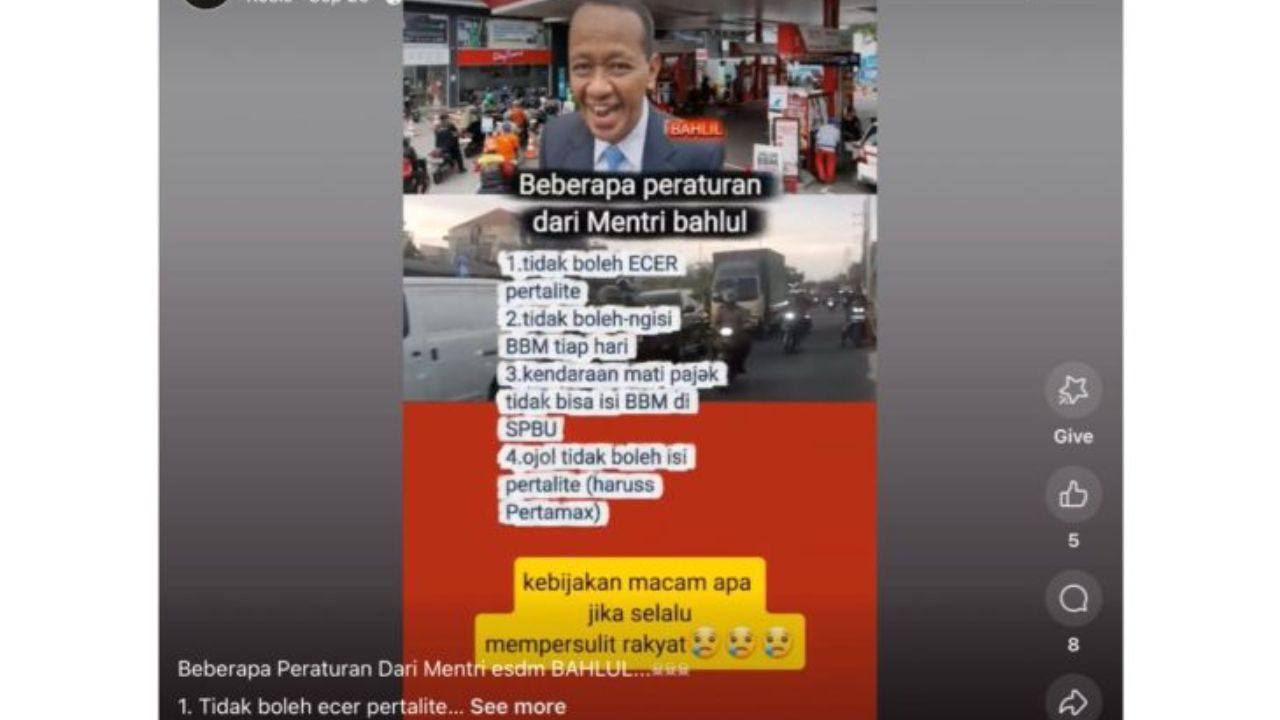 Unggahan yang menarasikan ojol dilarang mengisi BBM pertalite. Faktanya, Kementerian ESDM menegaskan bahwa informasi tersebut adalah tidak benar. (Facebook) <b>(ANTARA)</b>