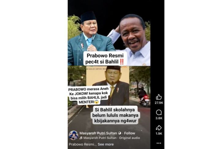 Unggahan yang menarasikan Prabowo pecat Bahlil dari Menteri ESDM. Faktanya, dilansir dari laman resmi Kementerian ESDM, Bahlil Lahadalia masih menjabat sebagai Menteri ESDM sejak 19 Agustus 2024 hingga saat ini. (Facebook) <b>(ANTARA)</b>