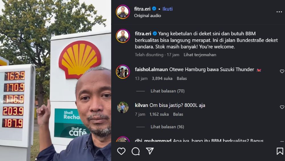 Influencer otomotif Fitra Eri membagikan SPBU Shell masih lengkap di Jerman. (Foto: Istimewa/Tangkapan layar Instagram @fitra.eri)