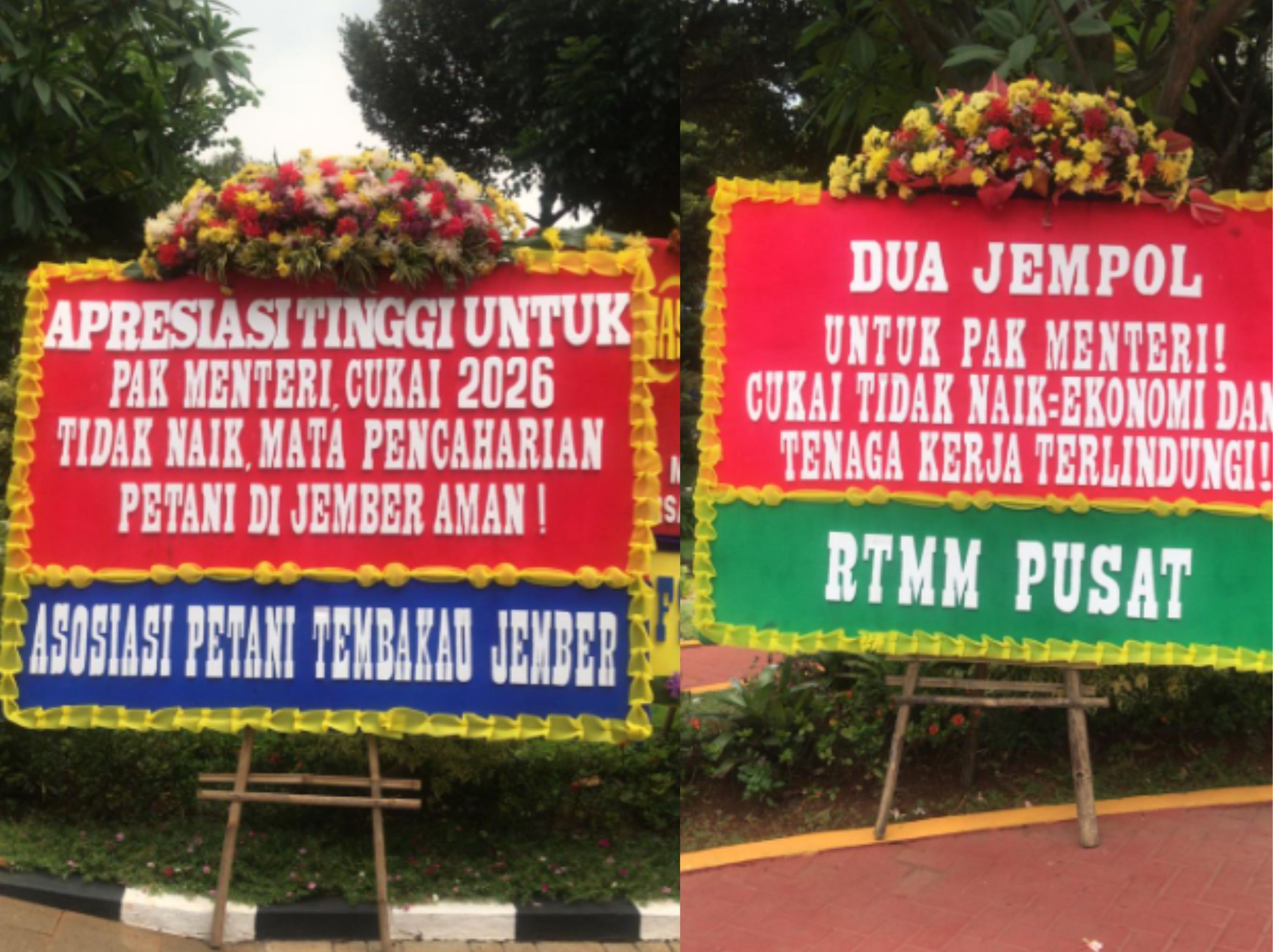 Karangan bunga tersebut datang dari berbagai pihak, termasuk Aliansi Masyarakat Tembakau Indonesia (AMTI), Federasi Serikat Pekerja Rokok Tembakau Makanan Minuman &ndash; Serikat Pekerja Seluruh Indonesia (FSP RTMM-SPSI), Asosiasi Petani Tembakau Indonesia (APTI), serta asosiasi dan pelaku industri lainnya dari berbagai daerah di Indonesia. Pesan-pesan yang tertulis di papan bunga menyuarakan rasa syukur dan penghargaan atas keputusan yang dinilai berpihak pada keberlangsungan sektor industri tembakau. <b>(dokumentasi)</b>