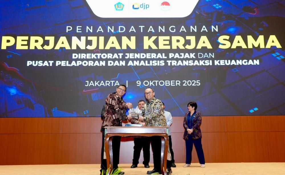 Penandatanganan Perjanjian Kerja Sama Direktorat Jenderal Pajak dan Pusat Pelaporan dan Analisis Transaksi Keuangan. (Foto: Istimewa)