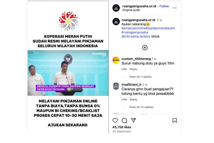 Unggahan yang menarasikan Menkeu Purbaya luncurkan layanan pinjaman online bunga 0 persen. Faktanya, isi video aslinya tidak sesuai dengan narasi. (Instagram)  <b>(ANTARA)</b>