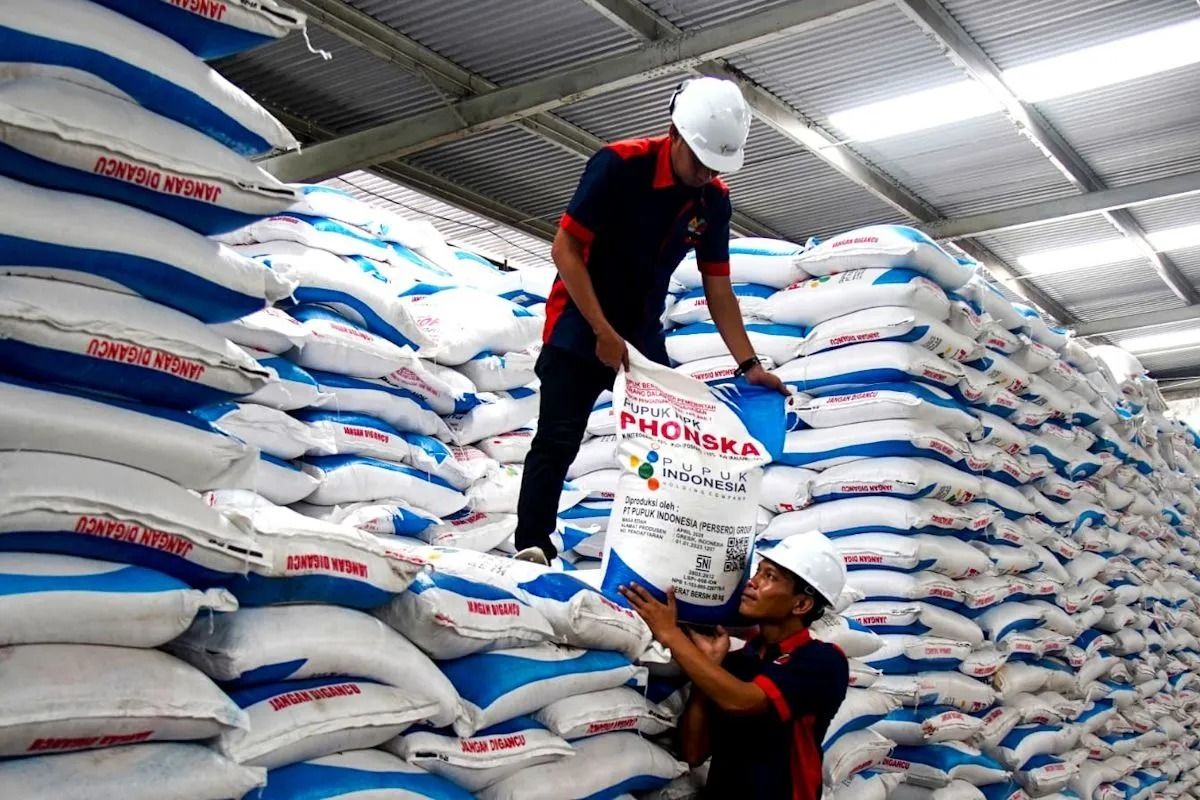 Dua petugas mengangkut karung pupuk bersubsidi di gudang milik PT Pupuk Indonesia (Persero), sebagai bagian dari upaya menjaga ketersediaan pupuk nasional untuk mendukung ketahanan pangan dan produktivitas petani. ANTARA/HO-Kementan. <b>(Antara)</b>