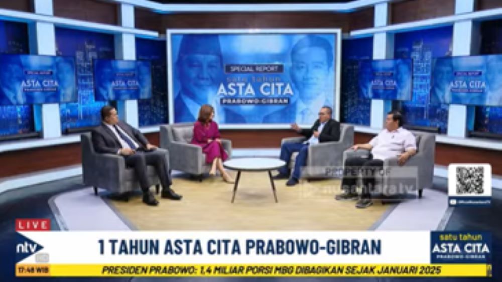 Preskom NT Corp Nurdin Tampubolon bersama Ekonom Senior INDEF Aviliani dan Guru Besar Komunikasi Politik UGM Nyarwi Ahmad dalam dialog 1 Tahun Asta Cita Presiden Prabowo-Gibran di Nusantara TV