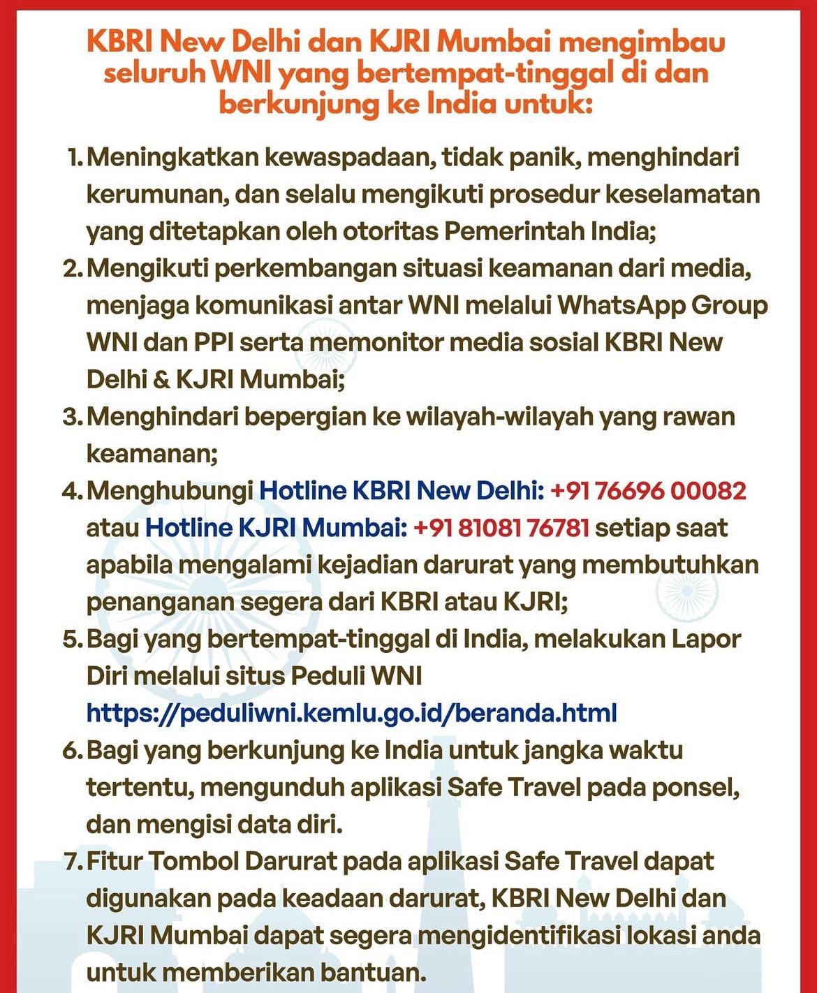 KBRI Imbau WNI di India Tingkatkan Kewaspadaan <b>(Istimewa)</b>