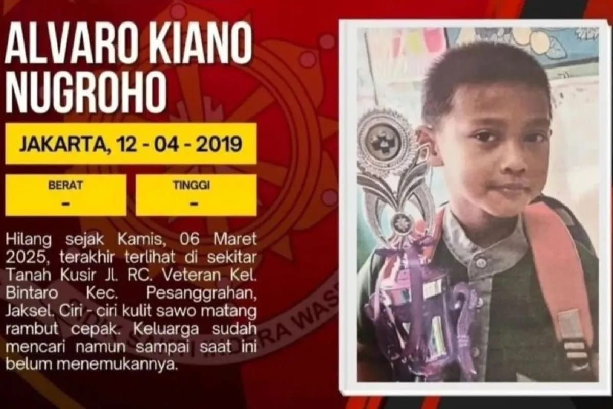 Postingan anak hilang yang berusia enam tahun bernama Alvaro Kiano Nugroho yang kini masih dalam pencarian, Jakarta, Kamis 13 November 2025. ANTARA/HO/Instagram-Polsek Pesanggrahan. <b>(Antara)</b>