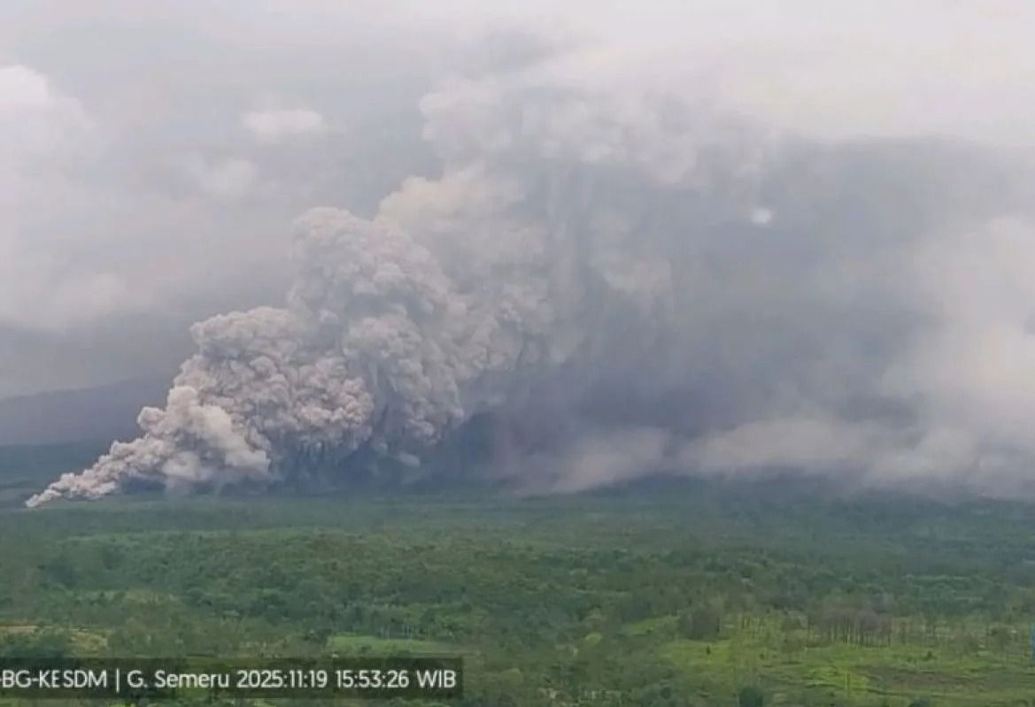 Erupsi Gunung Semeru disertai luncuran awan panas sejauh 7 km dari puncak pada Rabu, 19 November 2025 sore. ANTARA/HO-PVMBG <b>(Antara)</b>