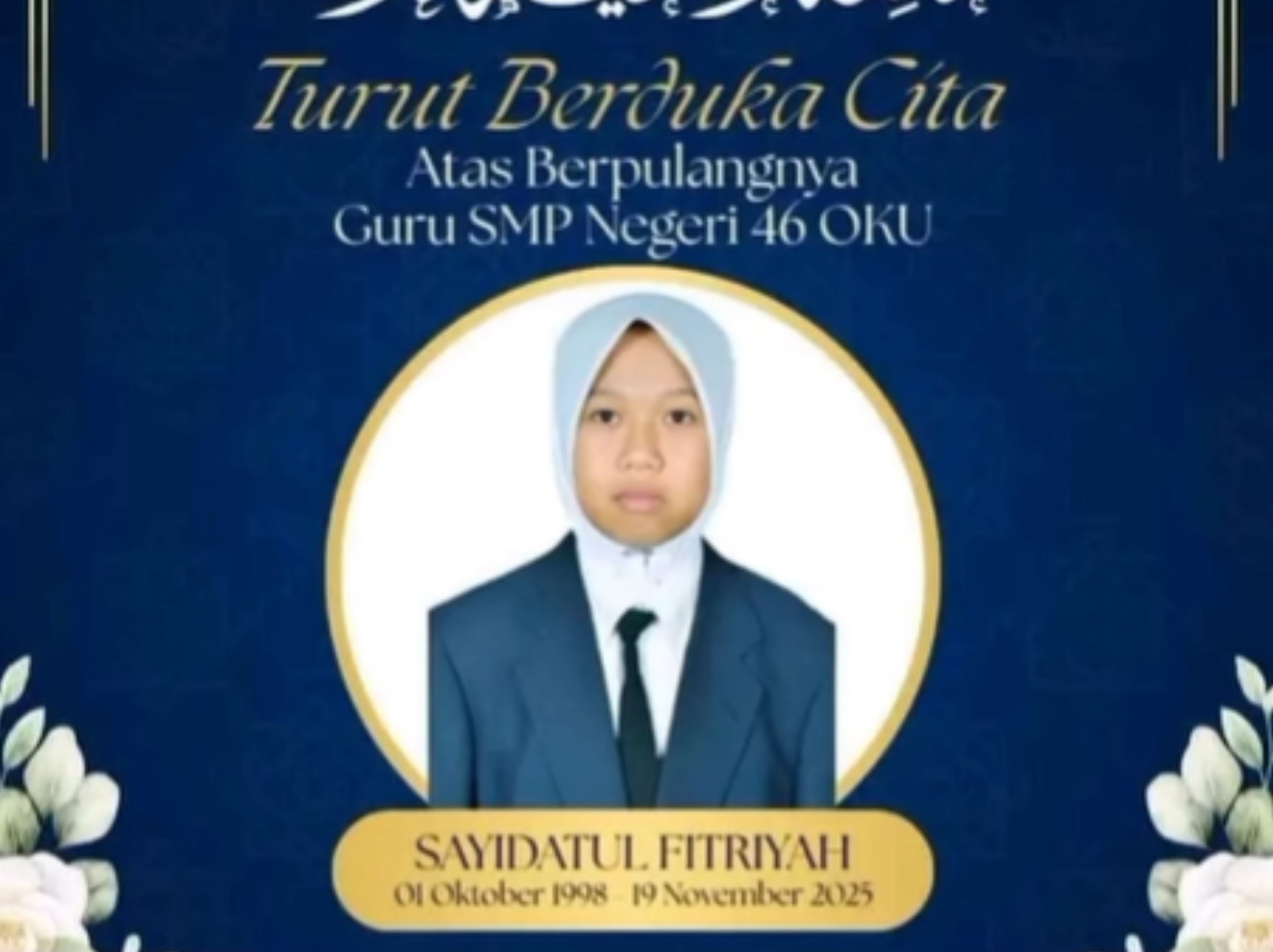 Seorang guru bernama Sayidatul Fitria (27) ditemukan tewas dengan kondisi jasad, mulut disumpal kain serta kaki dan tangannya terikat pada Rabu, (19/11/25). <b>(lukis info)</b>