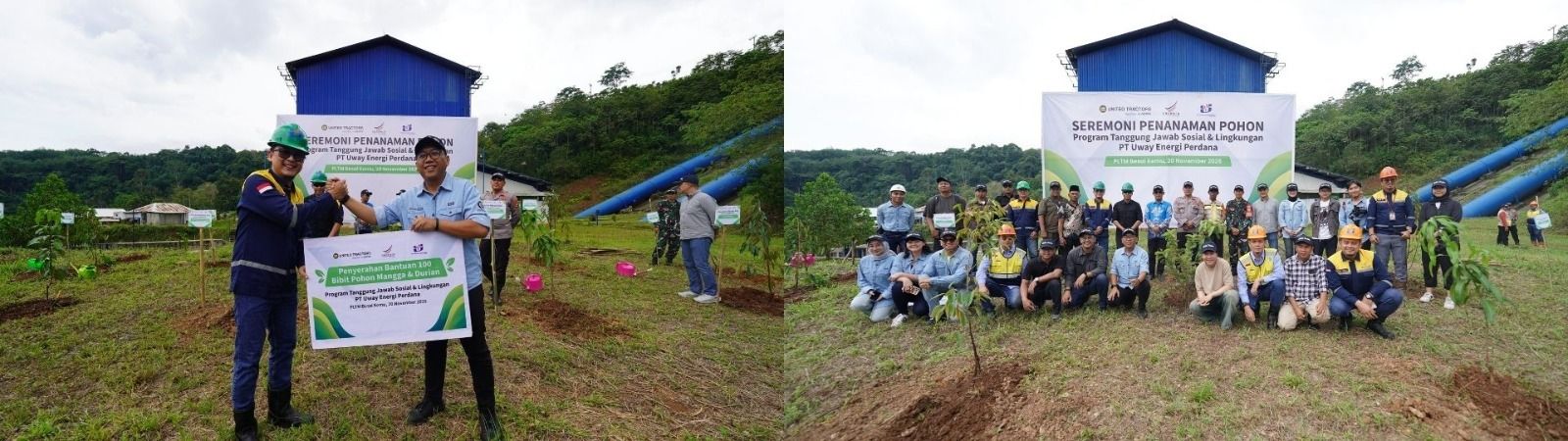 Serah terima 100 bibit pohon buah dari UT kepada UEP untuk dibagikan kepada masyarakat sekitar (foto kiri). Proses seremoni penanaman pohon di area operasional PLTM Besai Kemu (foto kanan). <b>(United Tractors)</b>