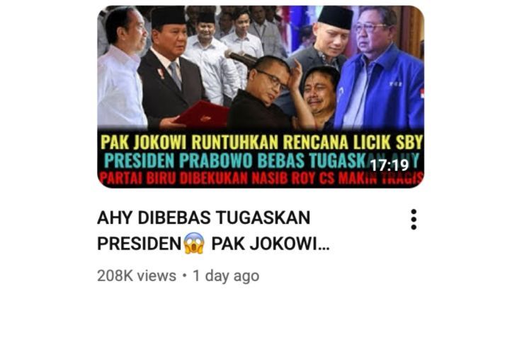 Unggahan yang menarasikan Prabowo copot AHY. Faktanya, hingga saat ini, AHY masih aktif menjabat sebagai Menko IPK. (YouTube)