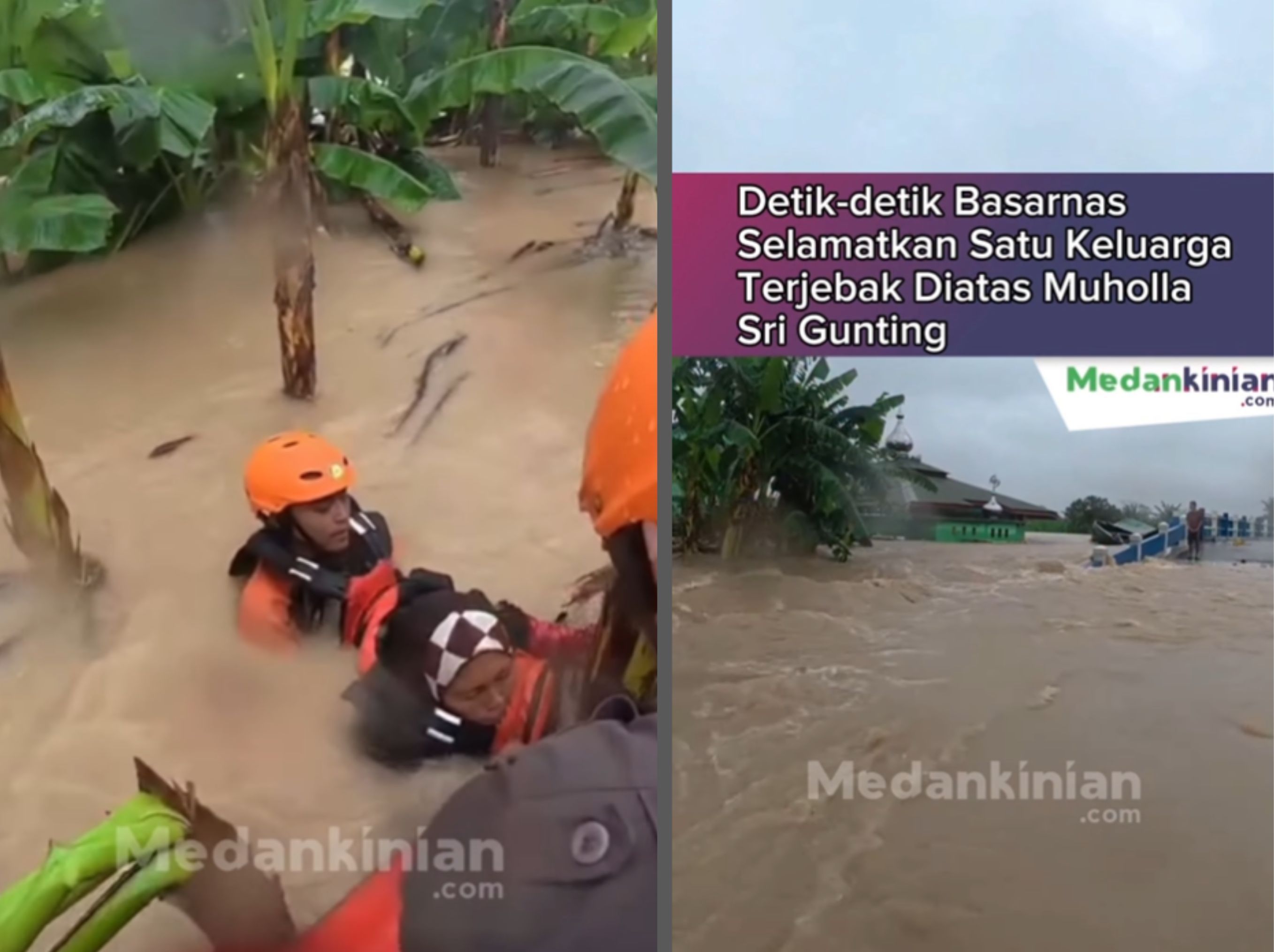 Upaya penyelamatan terus dilakukan di tengah banjir besar yang merendam kawasan Sri Gunting, Medan. Dalam video yang beredar, tim Basarnas berhasil mengevakuasi satu keluarga yang terjebak di lantai atas sebuah musala dekat Jembatan Sri Gunting. <b>(medan kekinian)</b>