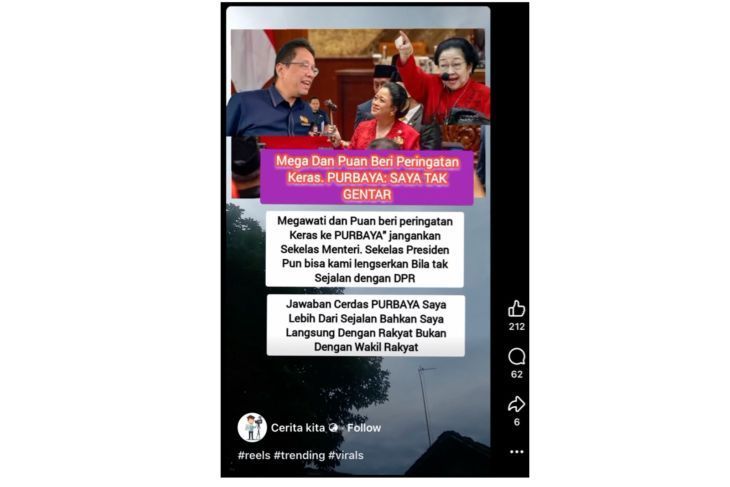 Unggahan yang menarasikan Puan dan Megawati ancam akan lengserkan Purbaya. Faktanya, pernyataan tersebut tidak berdasar. (Facebook) <b>(Antara)</b>