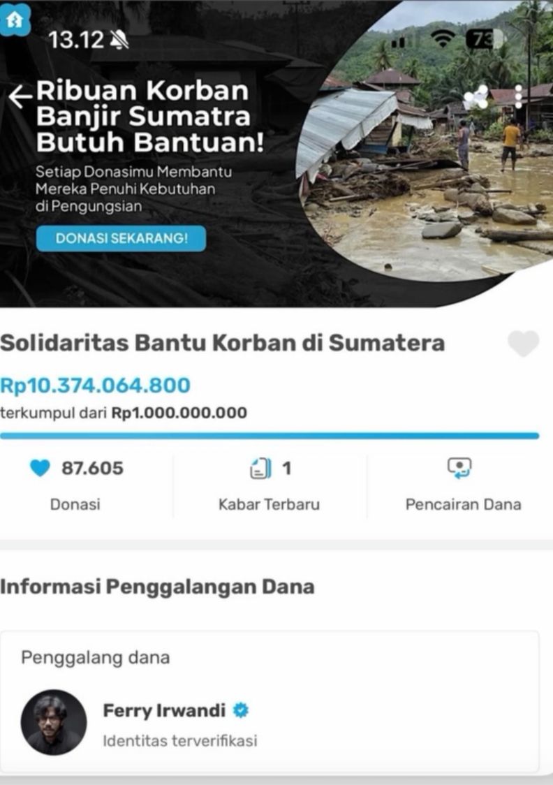Ferry Irwandi kumpulkan donasi untuk korban banjir Sumatra tembus Rp10 Miliar  <b>(Instagram)</b>