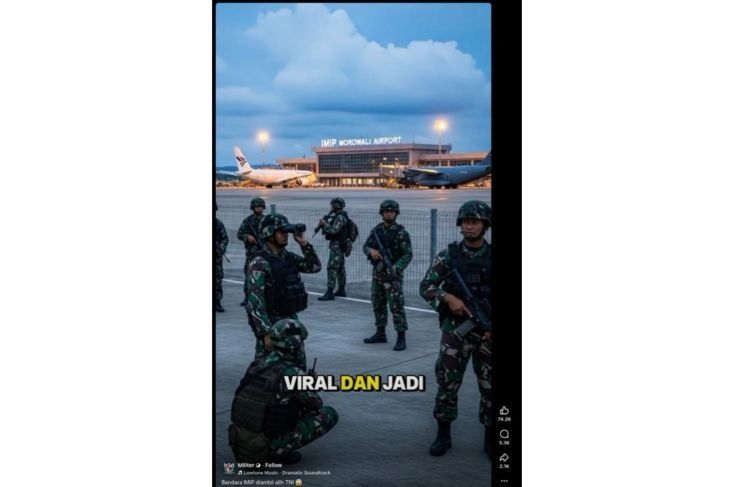 Unggahan video yang menarasikan TNI ambil alih bandara IMIP Morowali. Faktanya, video tersebut merupakan hasil AI. (Facebook) <b>(Antara)</b>