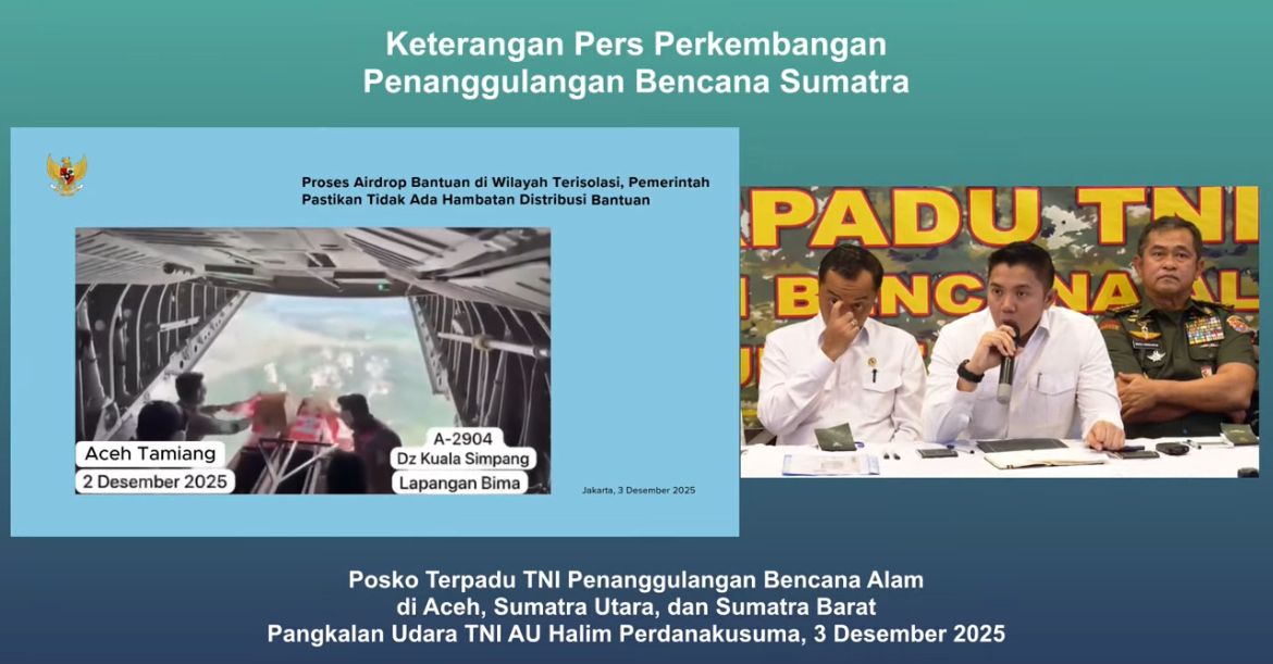 Sekretaris Kabinet Teddy Indra Wijaya di Keterangan Pers Perkembangan Penangulangan Bencana Sumatera <b>(Istimewa)</b>