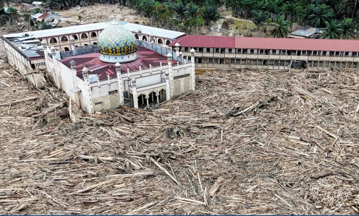 Penampakan Lautan Batang Kayu Penuhi Sekitar Masjid di Aceh Tamiang <b>(Reuters)</b>