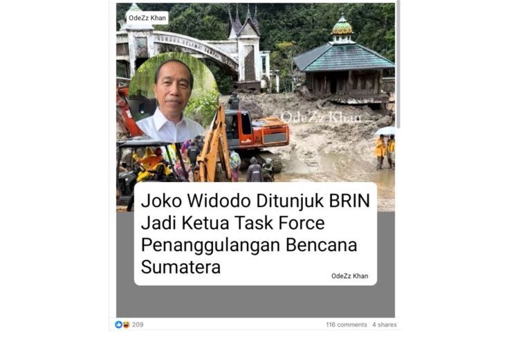 Unggahan yang menarasikan Presiden ke-7 Joko Widodo ditunjuk jadi Ketua Task Force Penanggulangan Bencana Sumatera. Faktanya, Joko Widodo yang dimaksud bukan Presiden Jokowi, melainkan peneliti BRIN dengan nama yang sama. (Facebook) <b>(Antara)</b>