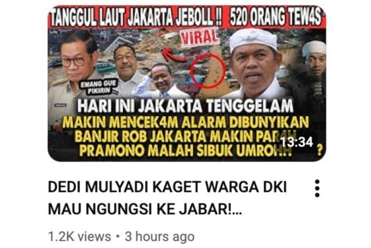 Unggahan yang menarasikan tanggul Jakarta jebol tewaskan 520 orang. Faktanya, pernyataan tersebut tidak berdasar. (YouTube) <b>(Antara)</b>