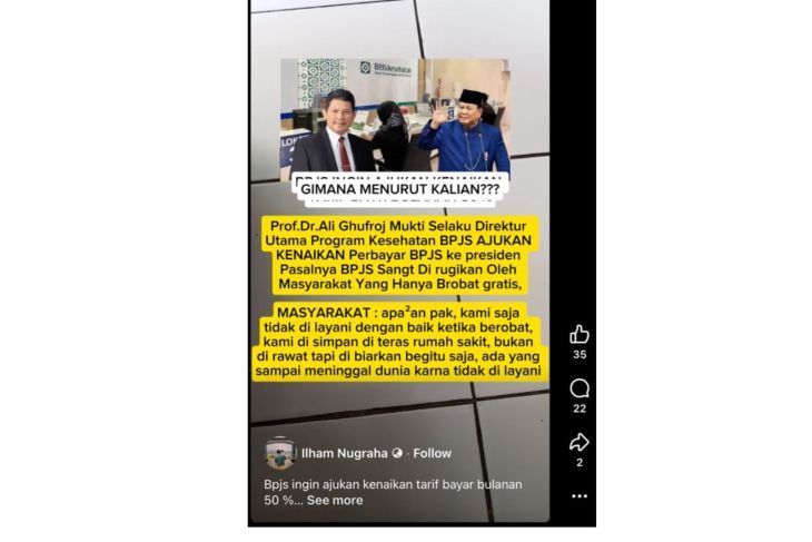 Unggahan yang menarasikan iuran BPJS naik 50 persen. Faktanya, BPJS Kesehatan melalui akun Instagram resminya membantah klaim tersebut dan menegaskan bahwa informasi itu adalah hoaks. (Facebook) <b>(Antara)</b>