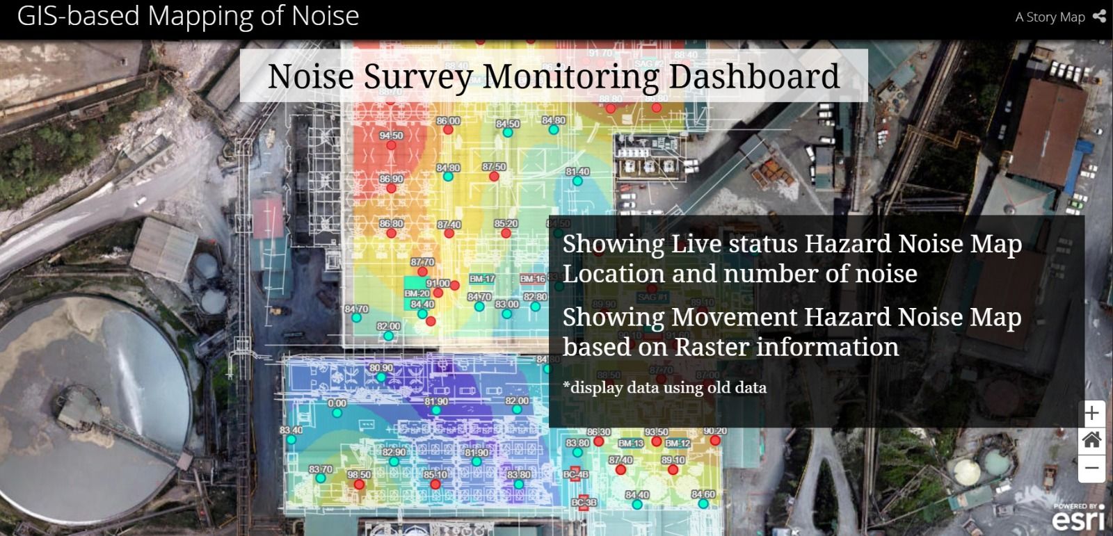 Tampilan dashboard digital sitem informasi geografis untuk memantau zona kebisingan di area pabrik konsentrat PTFI, menyediakan informasi visual secara real time.
