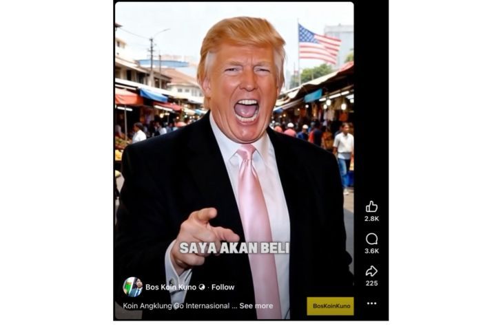 Unggahan video yang menarasikan Trump beli uang koin rupiah Rp25 juta. Faktanya, video tersebut merupakan hasil AI. (Facebook) <b>(Antara)</b>