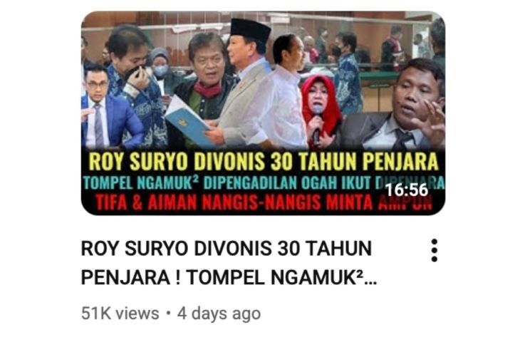 Unggahan yang menarasikan Roy Suryo divonis 30 tahun penjara kasus kasus tuduhan ijazah palsu. Faktanya, pernyataan yang menyebut Roy Suryo telah divonis 30 tahun penjara merupakan pernyataan tidak berdasar. (YouTube) <b>(Antara)</b>