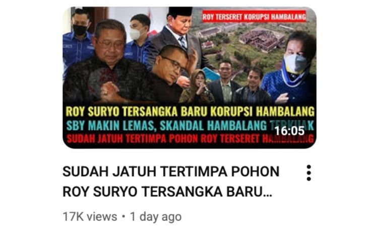 Unggahan yang menarasikan Roy Suryo jadi tersangka kasus korupsi hambalang pada awal Desember. Faktanya, tidak ditemukan pernyataan resmi dari aparat penegak hukum yang menyebut Roy Suryo ditetapkan sebagai tersangka baru dalam kasus korupsi P3SON Hambalang. (YouTube) <b>(Antara)</b>