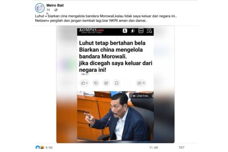 Unggahan artikel yang menarasikan Luhut nyatakan bela China mengelola Bandara Marowali. Faktanya, artikel tersebut merupakan suntingan. (Facebook) <b>(Antara)</b>